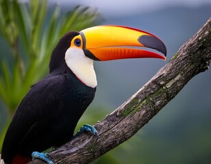 Naklejka premium A toucan perched on a tree branch, boasting a vibrant yellow beak and an elongated bill adorned with green leaves