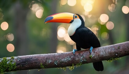 Obraz premium A toucan perches on a tree branch against a lush forest backdrop, teeming with trees and foliage