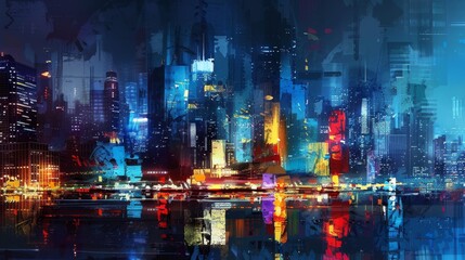 Colorful city skyline reflecting on water at night with vibrant lights