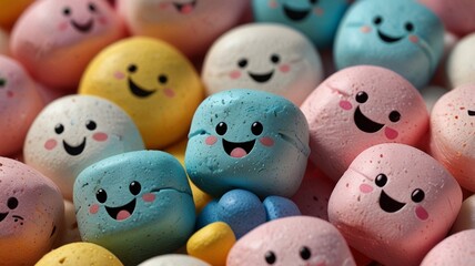 Style and type: This is a digital illustration with a playful and whimsical design. Layout: The image features a scattered arrangement of marshmallows 