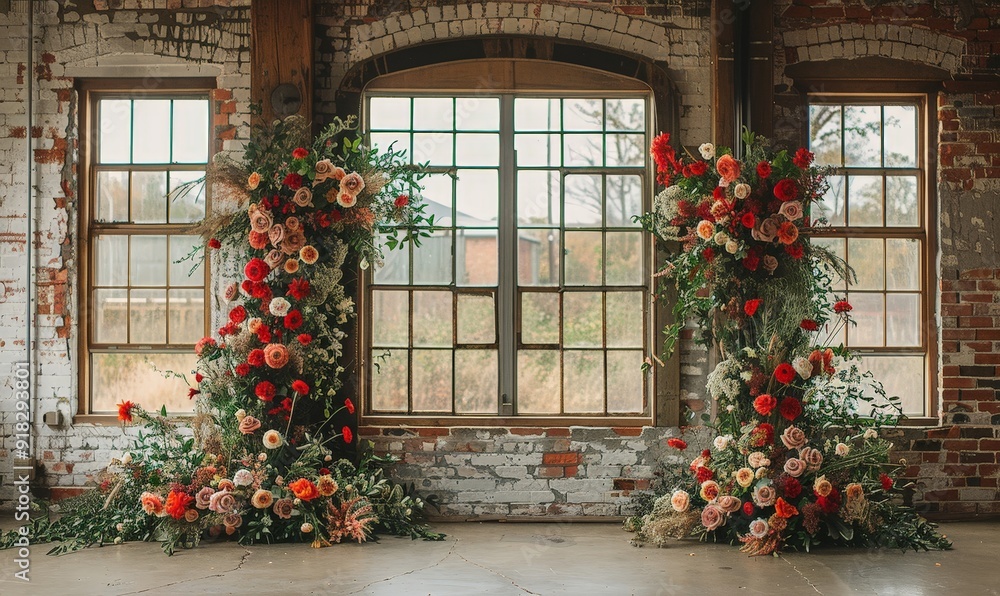 Wall mural wooden frames with floral arrangements creating a rustic wedding backdrop