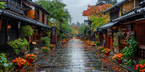 Fototapeta premium Rainy Day in a Traditional Japanese Street