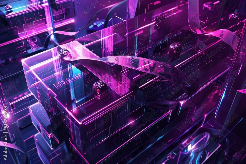 Poster vivid neonlit abstract cyber city with dynamic shapes and futuristic design elements