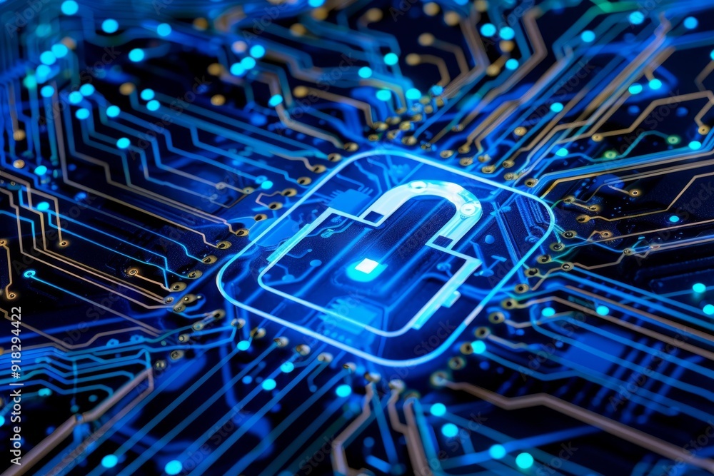 Poster closeup of a hightech circuit board with a blue glowing digital lock symbolizing cybersecurity