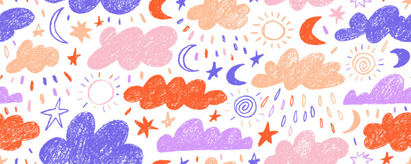 Seamless childish pattern with doodle crayon clouds, sun, stars and moon. Pastel colored kid's pencil drawing background. Cute pastel clouds and sun in naive style with rough sketch texture.