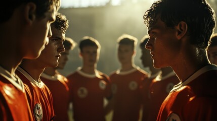 Close-up of two soccer players in red jerseys facing each other