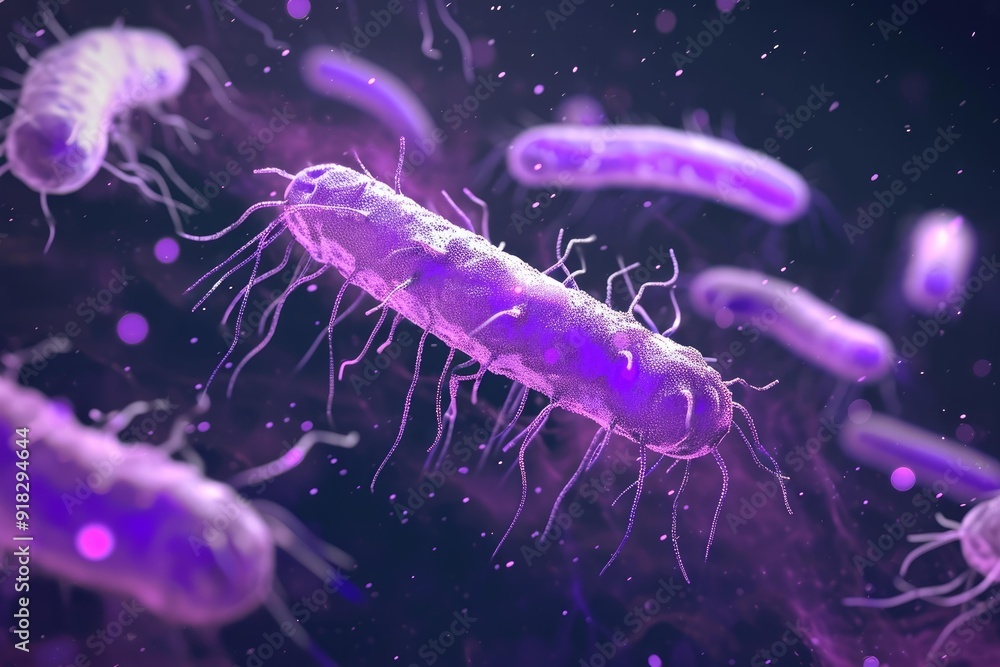 Poster highresolution image depicting bacteria with detailed structures in a purple backdrop