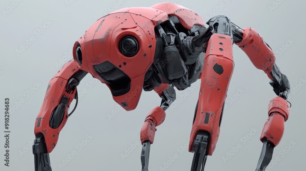 Poster a futuristic red robotic spider with a sleek design, showcasing advanced technology and engineering 