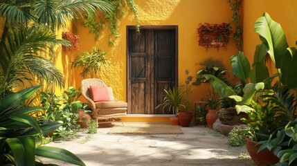 Naklejka premium A vibrant patio with lush greenery, colorful pots, and cozy seating, set against a bright yellow wall and rustic wooden door.