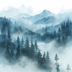A Misty Mountain Landscape with Silhouetted Pine Trees