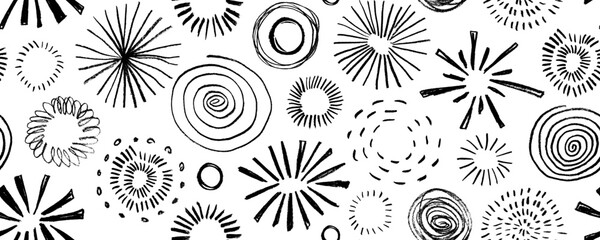 Doodle sunburst, spirals and fireworks seamless pattern. Crayon drawn funky sunburst, circular shapes. Playful vector seamless pattern in doodle geometric style. Childish doodles, scribble spirals.
