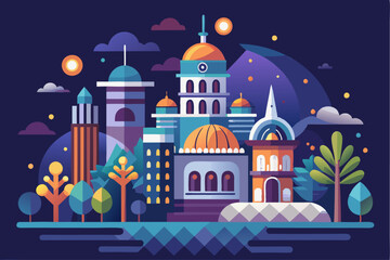 A Stylized Cityscape with Buildings and Trees at Night