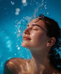 Close-up of a serene woman with her eyes closed, experiencing the refreshing splash of water around 