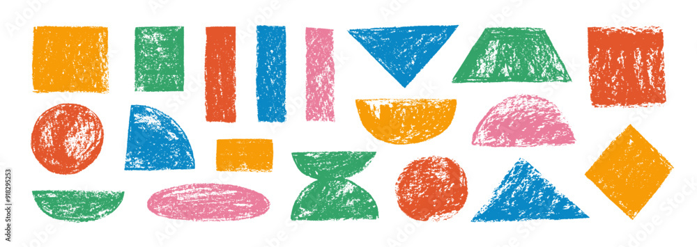 Poster set of crayon drawn colorful geometric basic shapes and quirky figures. hand drawn pencil or chalk t