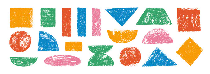 Set of crayon drawn colorful geometric basic shapes and quirky figures. Hand drawn pencil or chalk texture, geometric figures.