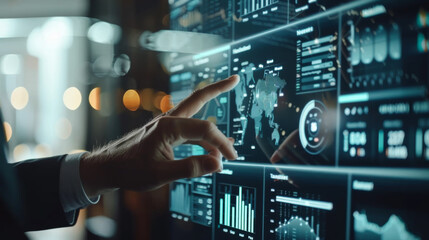 Close-up of a businessman's hand working near a digital modern screen with data analysis depicted. Technology, business concept.