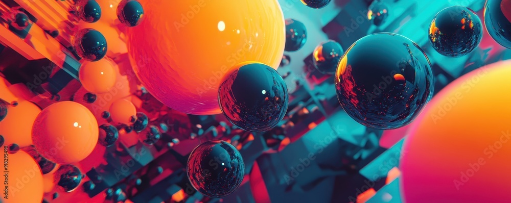 Poster abstract digital artwork with vibrant spheres in orange and blue tones, creating a dynamic and futur