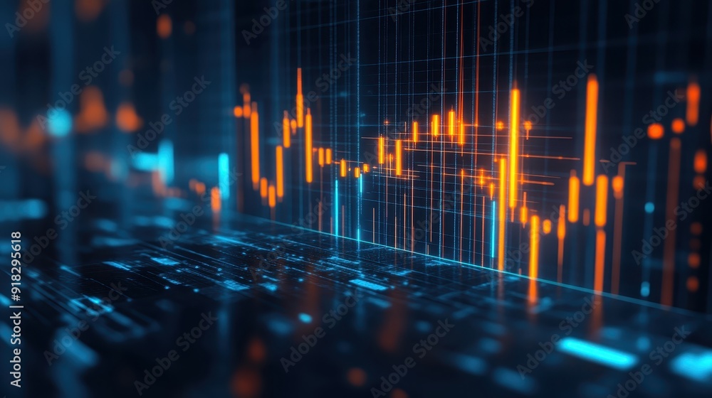 Poster abstract digital financial chart with glowing lines and points, representing market trends and data 