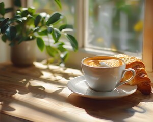 Sipping Coffee and Savoring Croissant in Sunlit Caf Setting