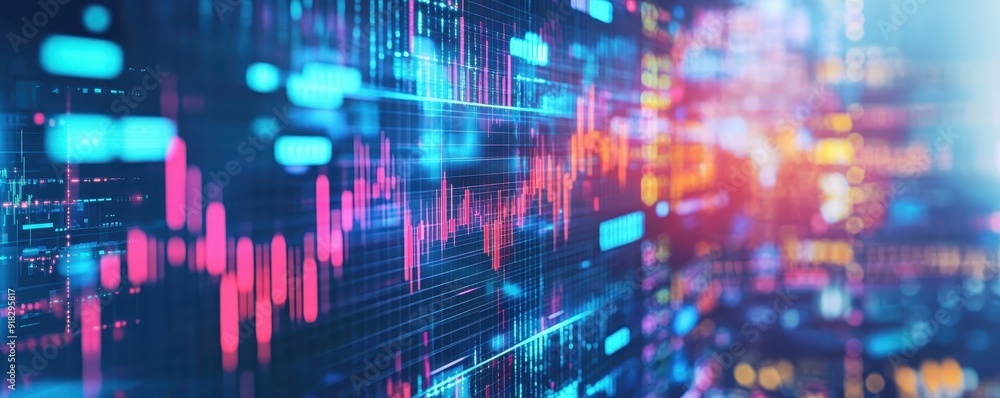 Poster abstract digital stock market background with financial data and graphs in blue and red, representin