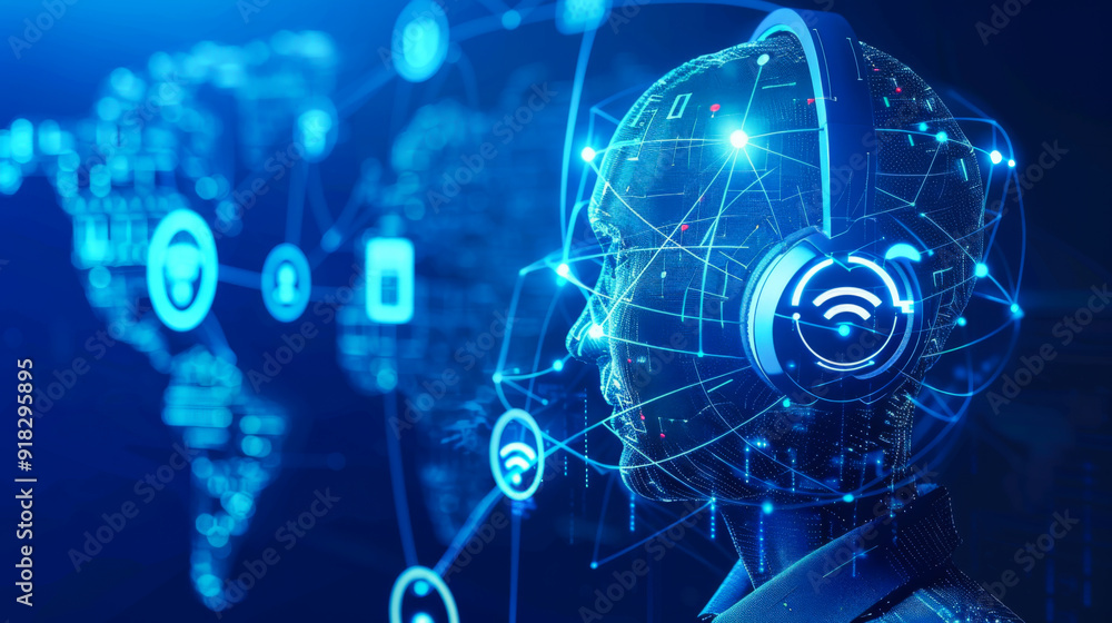 Poster a computer generated image of a man wearing a headset and looking at a map. concept of technology an
