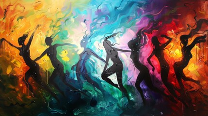 Fototapeta premium Colorful silhouette dance celebration with vibrant swirls of light