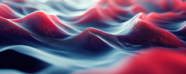Abstract digital wave landscape in red and blue hues, symbolizing technology, innovation, and digital transformation in a futuristic design.