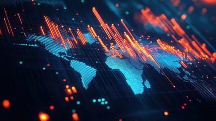Naklejka premium Abstract digital world map with data visualization, network connections, and glowing bars in blue and orange colors.