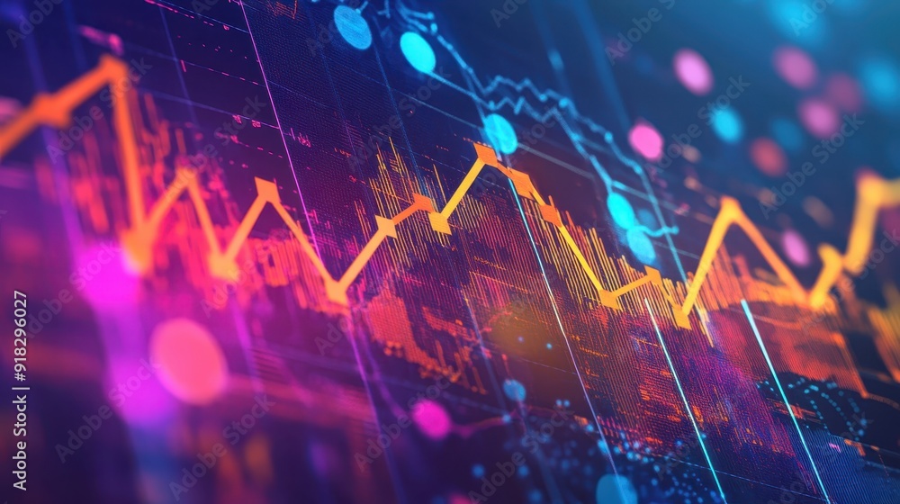 Poster abstract financial data graph with vibrant colors, showcasing trends and analytics on a digital scre