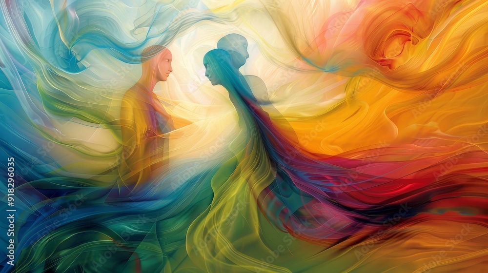 Aufkleber abstract swirl of colors depicting two silhouettes in a vibrant connection surrounded by dynamic pat