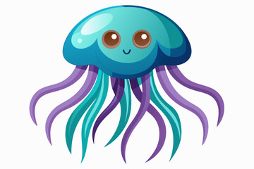 Cartoon Illustration of a Blue Jellyfish with Purple Tentacles