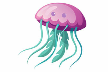 Cartoon Pink Jellyfish with Green Tentacles and Smiling Face