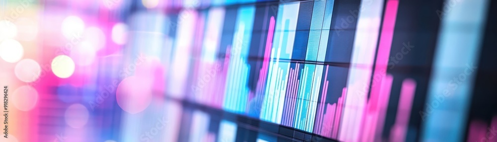 Poster abstract image of financial data on a digital screen with colorful light effects, representing stock