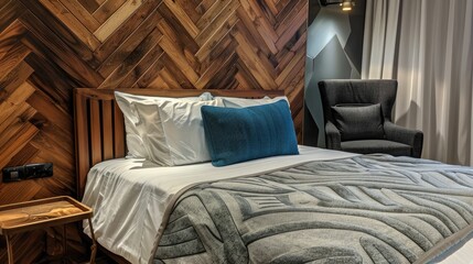 Bedroom with armchair, featuring a wooden headboard bed with a blue pillow.