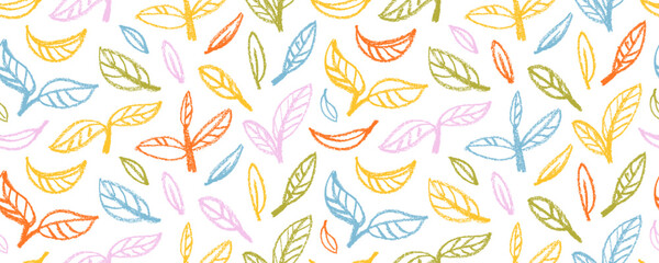 Hand drawn organic leaves colorful seamless pattern. Crayon drawn pencil foliage in kid's style