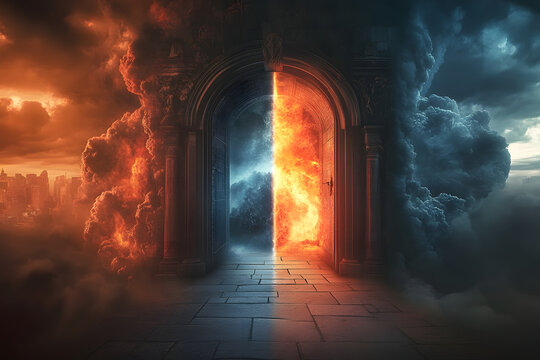 Heaven paradise and fiery hell gates choice. Door to heaven and hell. Good and evil, light and darkness. God's judgment, christianity concept. Religious background for design banner, poster
