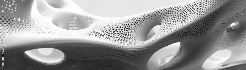 Poster Abstract organic 3D structure with intricate patterns and holes, showcasing modern design and futuristic architecture.