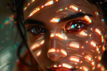 Close-Up Portrait of Woman with Rainbow Lights on Face