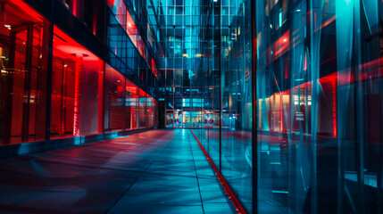 Fototapeta premium Bright neon lighting in a narrow corridor between glass buildings. Blue and red neon light outdoors. Style and interior concept.