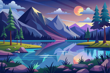 Mountain Landscape with a Lake and Sunset Sky