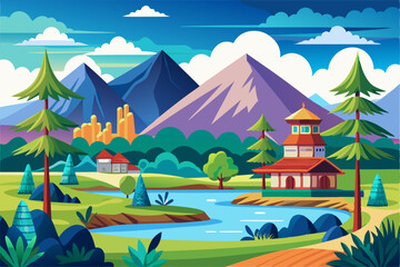 Naklejka premium Serene Mountain Landscape with a Winding River and a Traditional House