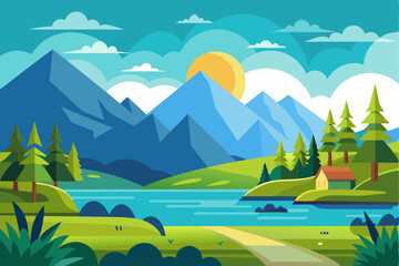 Obraz premium Mountain Lake Cabin Landscape with Sunny Sky