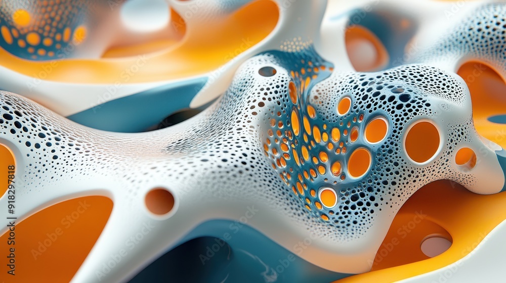 Poster close-up of abstract organic shapes with blue, white, and orange tones. futuristic design and intric