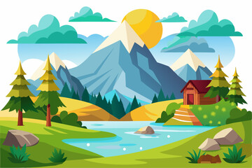 Mountain Cabin by a River in a Lush Green Valley