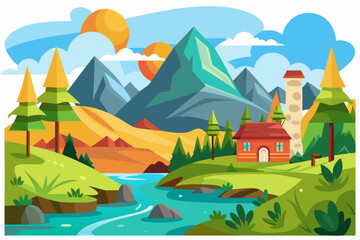 Naklejka premium A Mountainous Landscape with a River, Cottage, and Trees