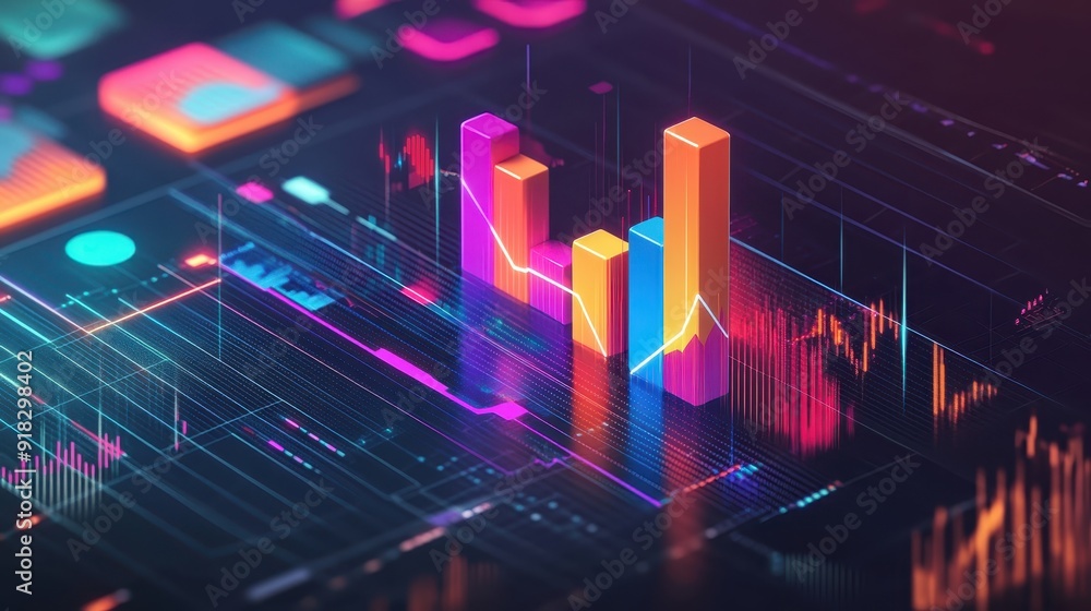 Poster colorful 3d bar chart and data visualization on a futuristic digital screen, representing financial 