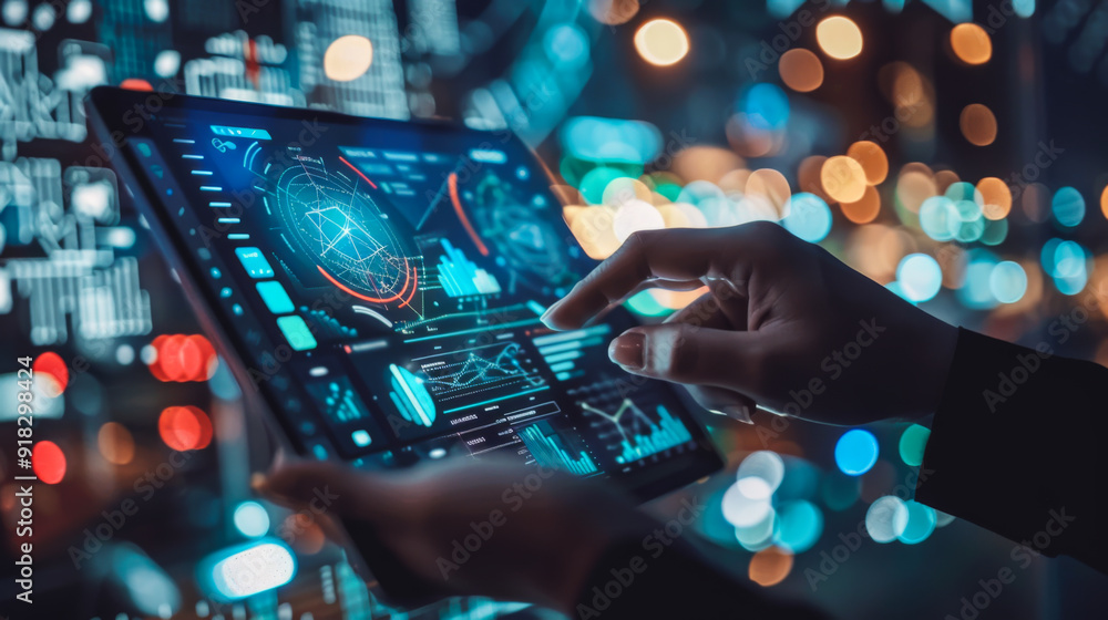 Poster close-up of a man working on a modern digital tablet with a virtual interface against the backdrop o