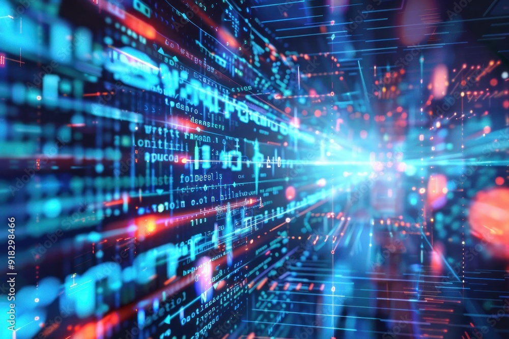 Poster abstract cyberspace landscape with flowing code and light trails representing digital data