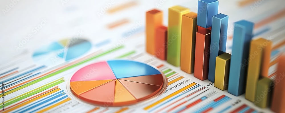 Poster colorful bar and pie charts displaying business data analytics and financial statistics on printed r