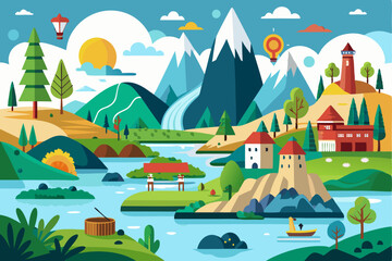 Scenic Landscape with Mountains, River, and Houses